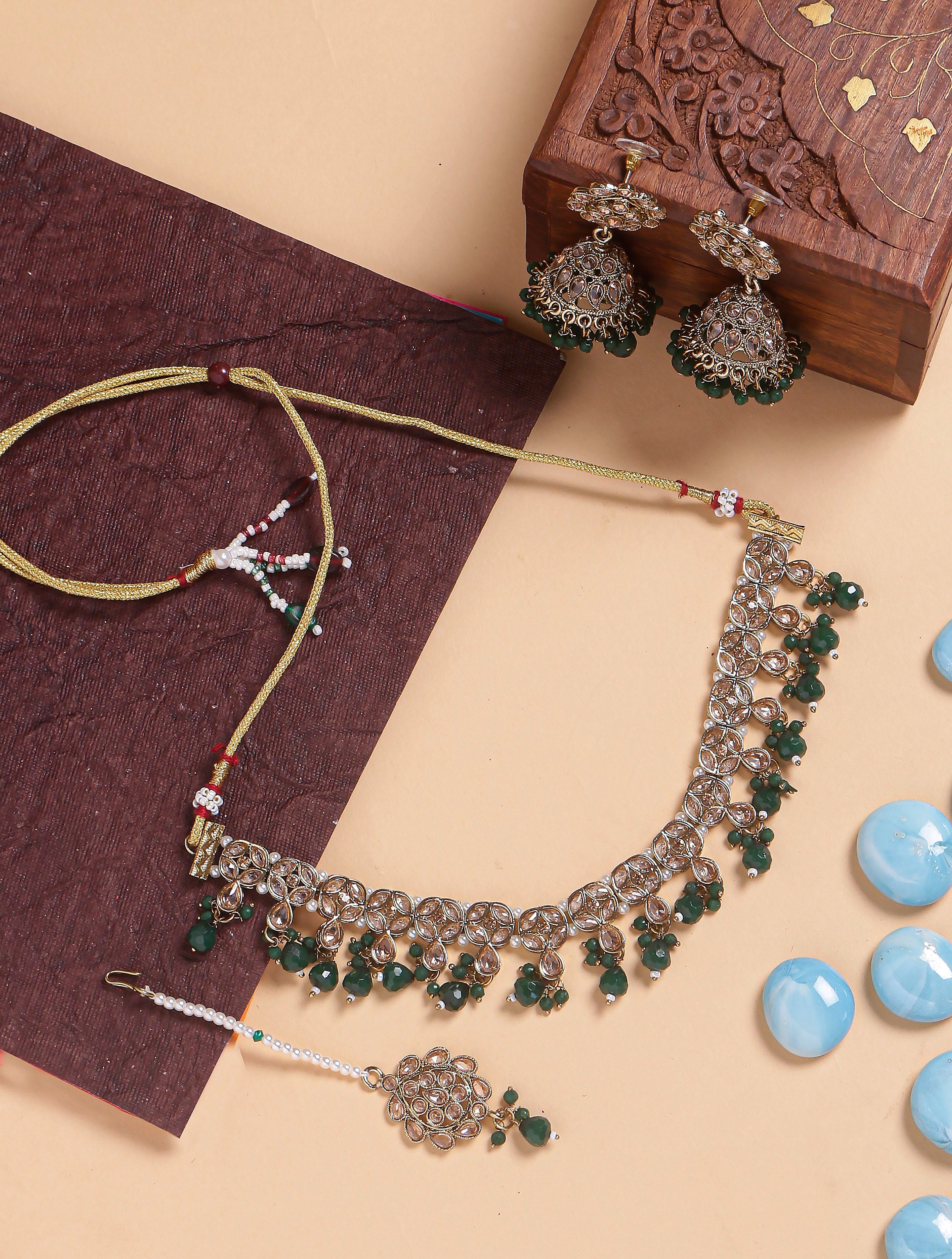 Swisni Alloy Golden Necklace, Earring, Maang Tikka Green Beads Necklace Set For Women|For Girls|Gifting|Anniversary|Birthday|Girlfriend