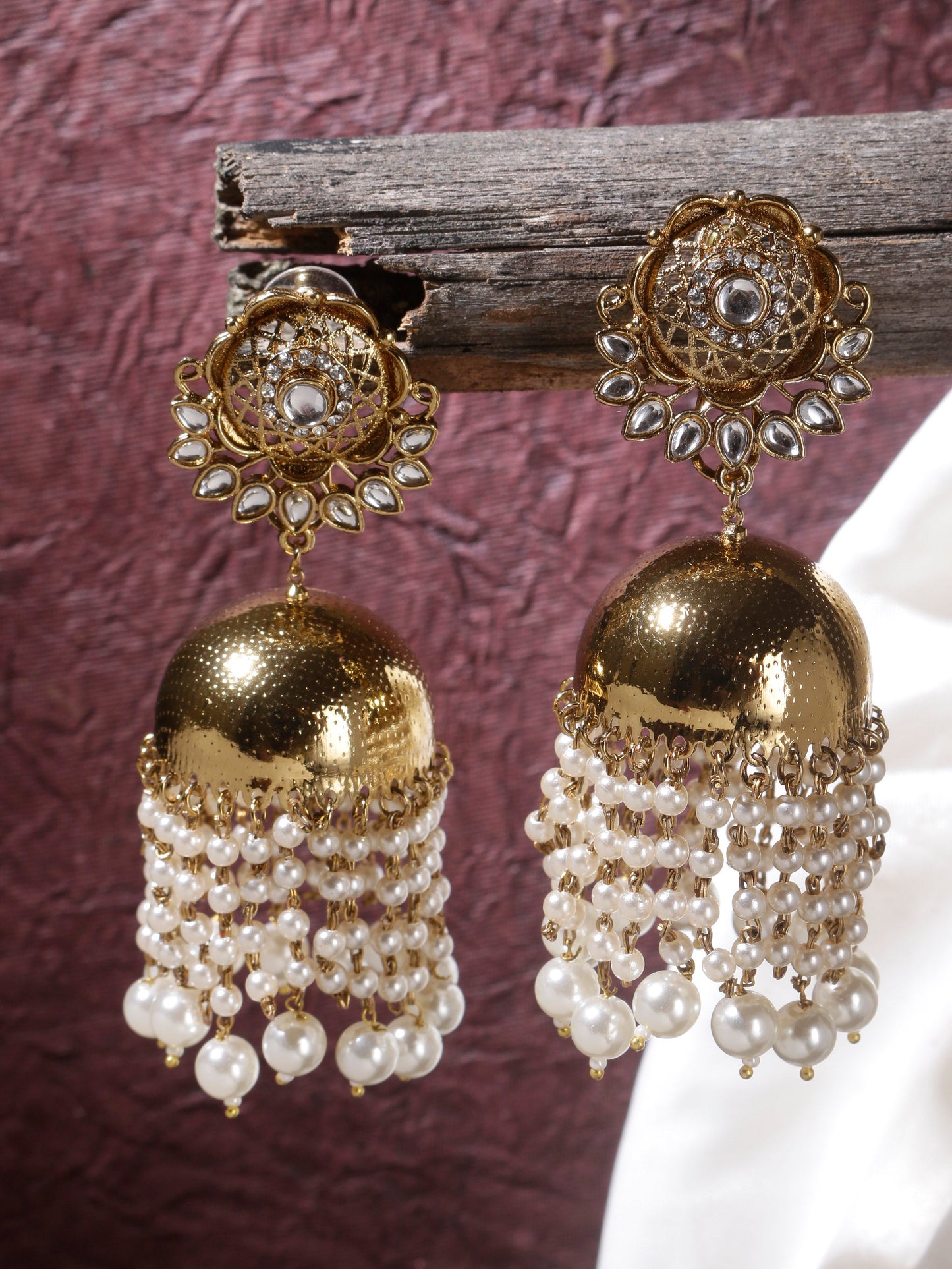 Swisni Alloy Golden Jhumki Earrings with White Beads For Women|For Girls|Gifting|Anniversary|Birthday|Girlfriend