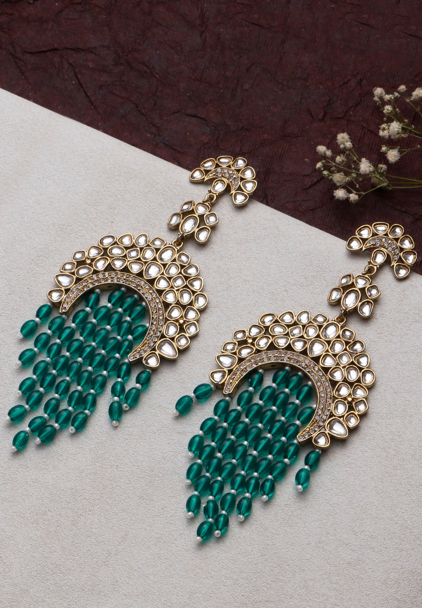 Swisni Alloy Golden Earrings with Green Beads For Women|For Girls|Gifting|Anniversary|Birthday|Girlfriend