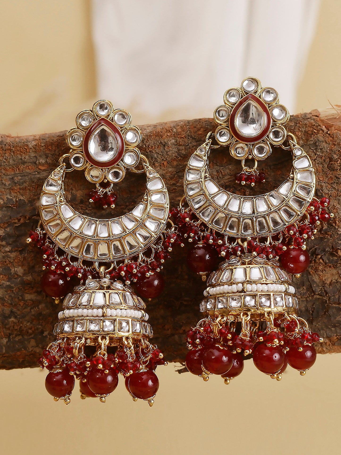 Swisni Alloy Golden Jhumki Earrings with Maroon Beads For Women|For Girls|Gifting|Anniversary|Birthday|Girlfriend
