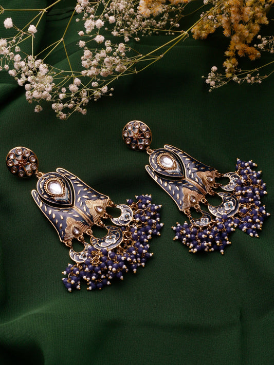 Swisni Alloy Golden Earrings with Navy Blue Beads For Women|For Girls|Gifting|Anniversary|Birthday|Girlfriend