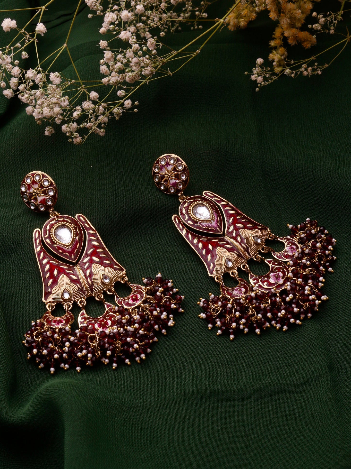 Swisni Alloy Golden Earrings with Maroon Beads For Women|For Girls|Gifting|Anniversary|Birthday|Girlfriend