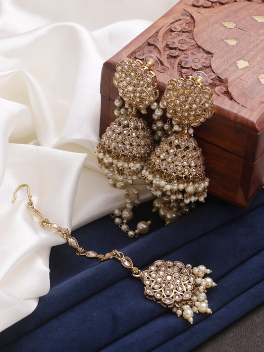 Swisni Alloy Golden Jhumki Earring, Maang Tikka White Beads For Women|For Girls|Gifting|Anniversary|Birthday|Girlfriend