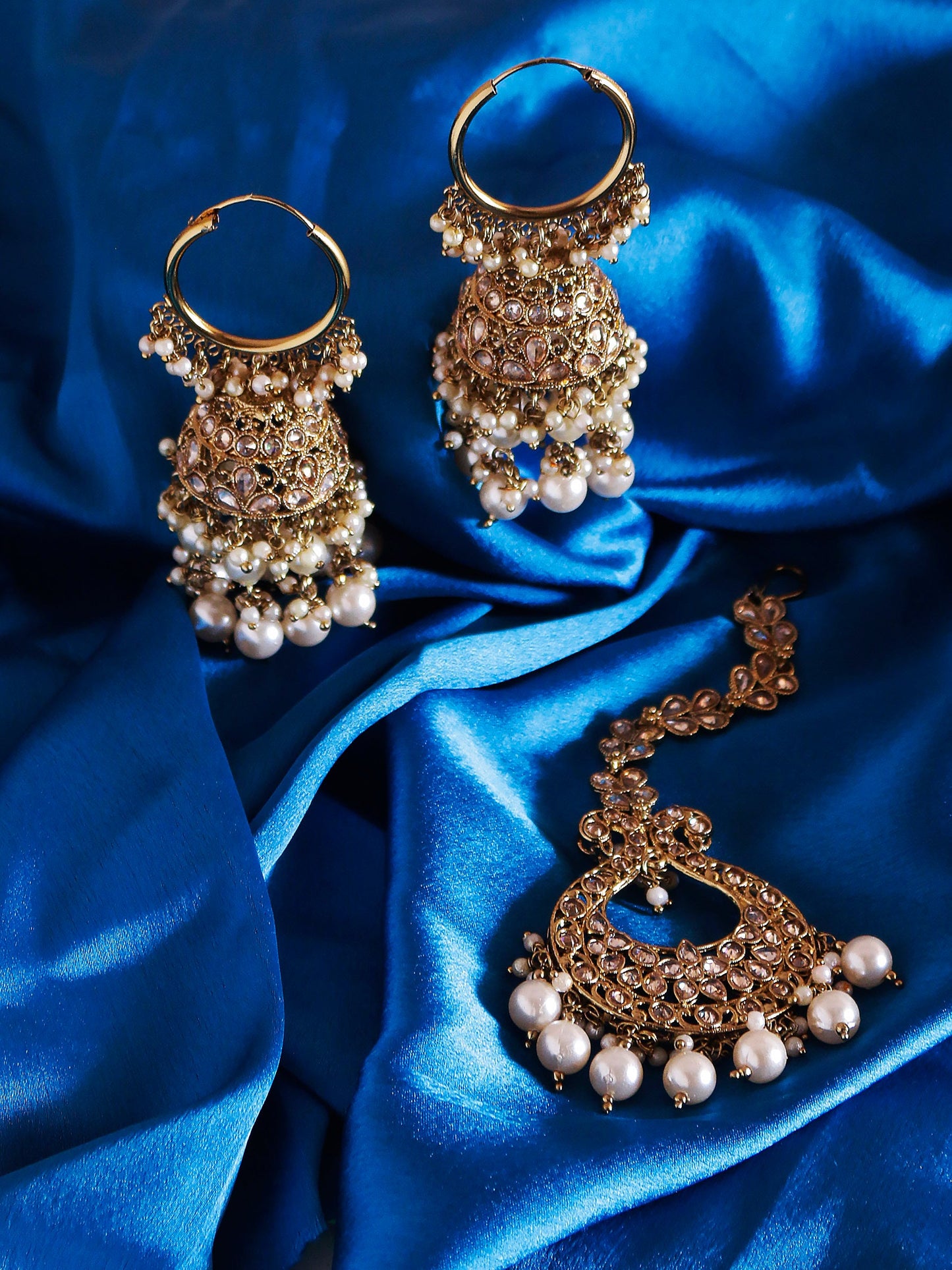 Swisni Alloy Golden Jhumki Earrings with with , Maang Tikka White Beads For Women|For Girls|Gifting|Anniversary|Birthday|Girlfriend