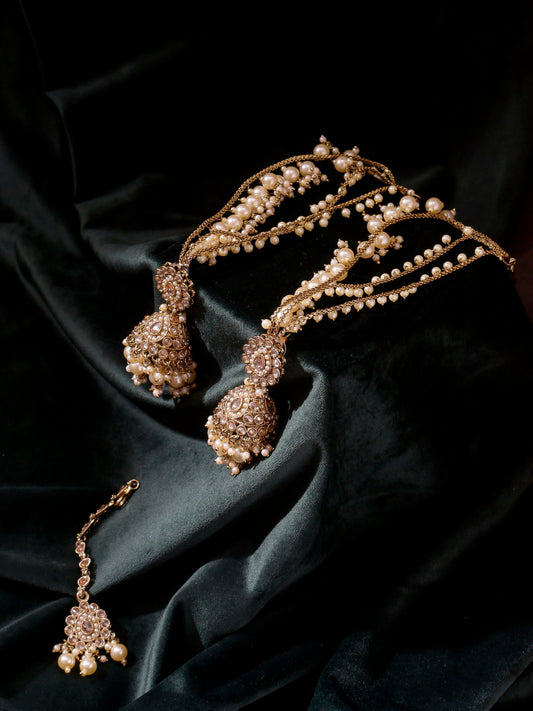 Swisni Alloy Golden Jhumki Earrings with with , Maang Tikka Golden Beads For Women|For Girls|Gifting|Anniversary|Birthday|Girlfriend