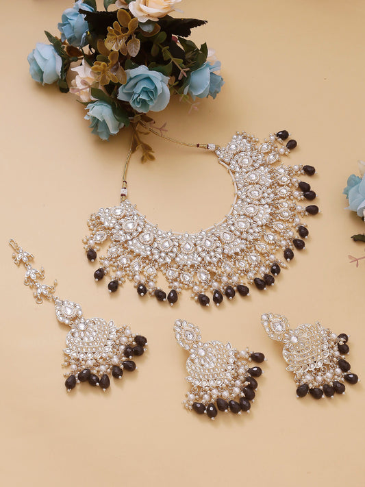 Swisni Alloy Golden, White Necklace, Earring, Maang Tikka White Beads Necklace Set For Women|For Girls|Gifting|Anniversary|Birthday|Girlfriend