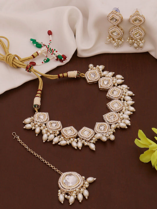 Swisni Alloy Golden Necklace, Earring, Maang Tikka White Beads Necklace Set For Women|For Girls|Gifting|Anniversary|Birthday|Girlfriend