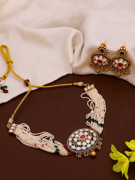 Swisni Alloy Golden, White Necklace, Earring, Maang Tikka Golden Beads Necklace Set For Women|For Girls|Gifting|Anniversary|Birthday|Girlfriend