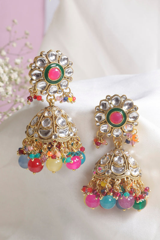 Swisni Alloy Golden Jhumki Earrings with Multi Beads For Women|For Girls|Gifting|Anniversary|Birthday|Girlfriend