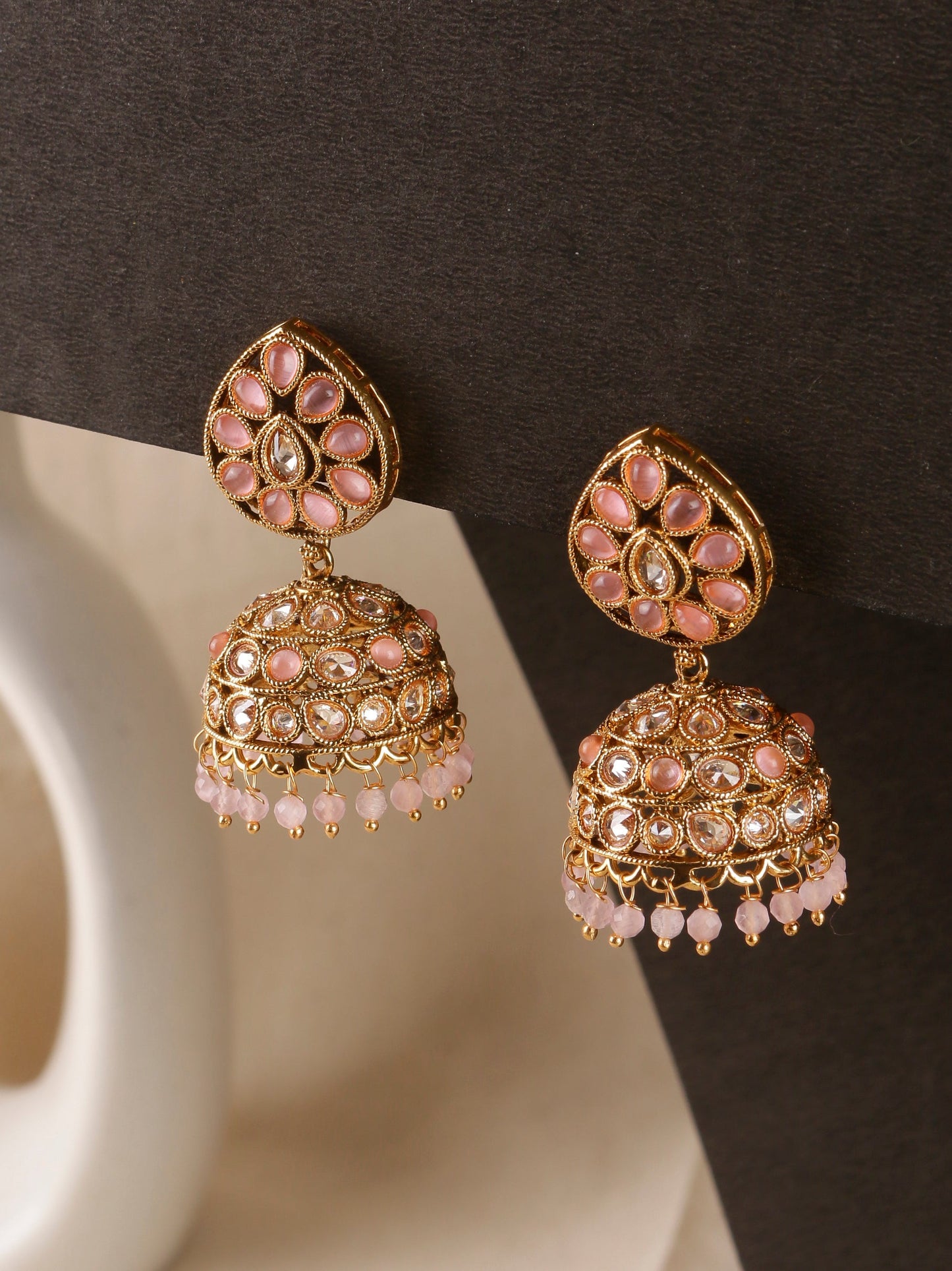 Swisni Alloy Golden Jhumki Earring Light Pink Beads For Women|For Girls|Gifting|Anniversary|Birthday|Girlfriend