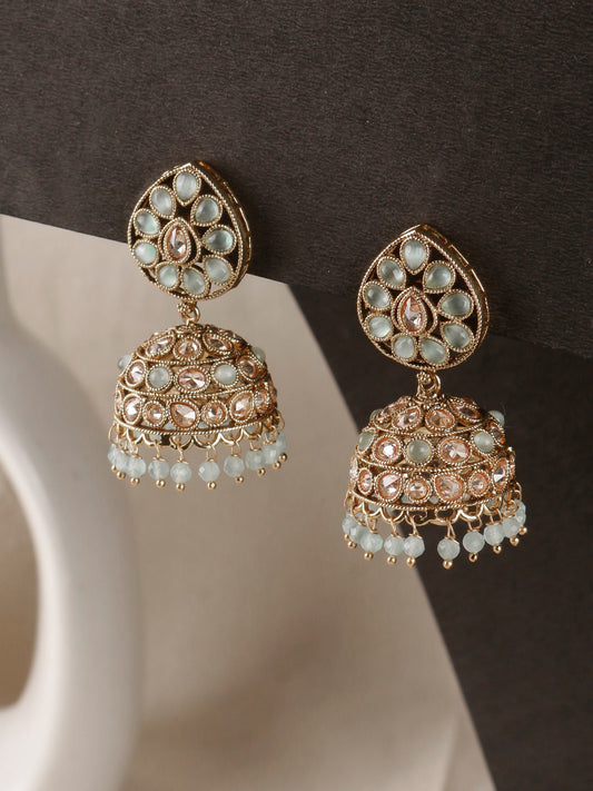 Swisni Alloy Golden Jhumki Earrings with White Beads For Women|For Girls|Gifting|Anniversary|Birthday|Girlfriend