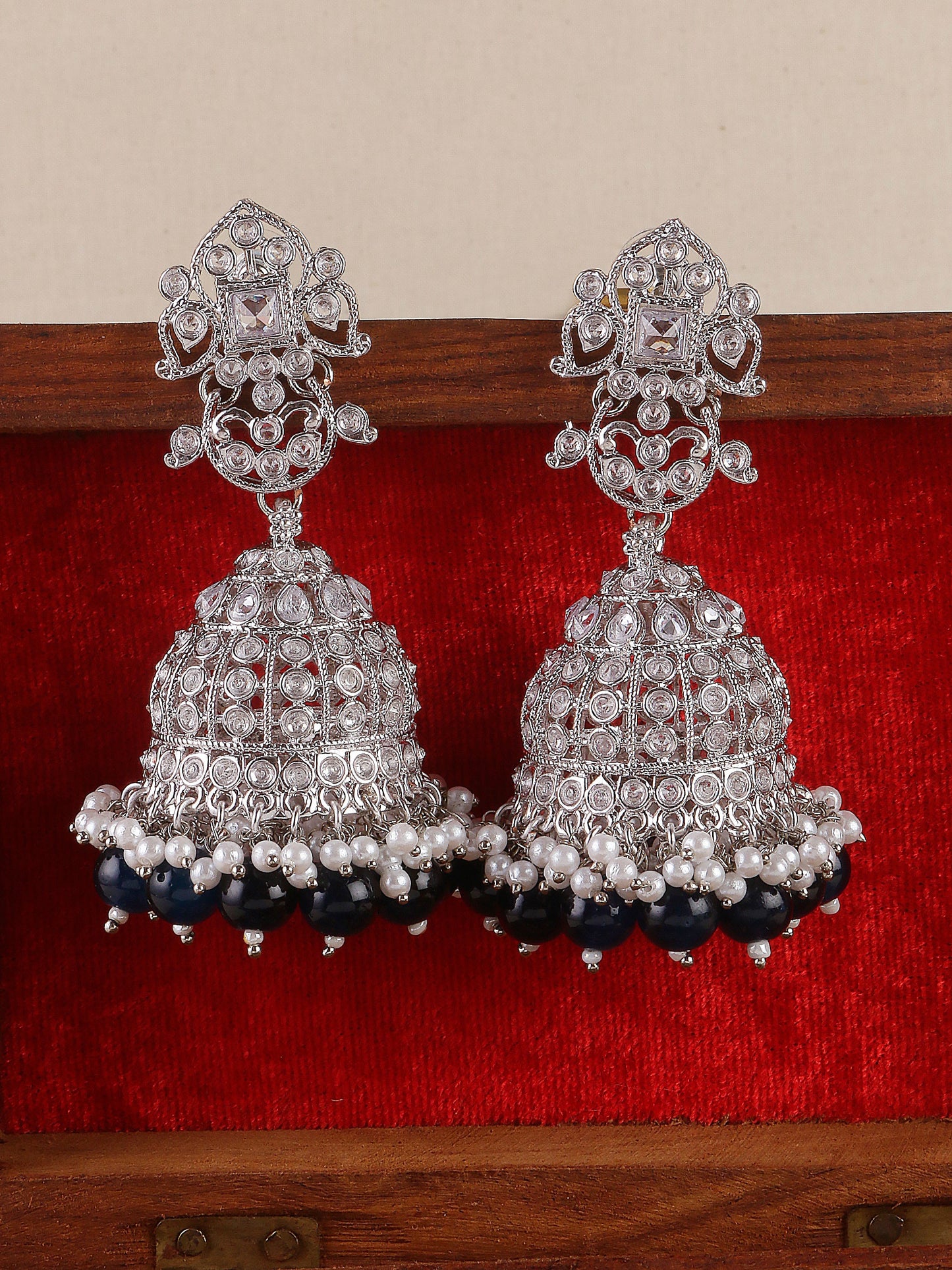 Swisni Alloy Silver Jhumki Earrings with Navy Blue Beads For Women|For Girls|Gifting|Anniversary|Birthday|Girlfriend
