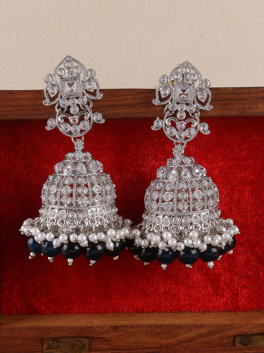 Swisni Alloy Silver Jhumki Earrings with Navy Blue Beads For Women|For Girls|Gifting|Anniversary|Birthday|Girlfriend