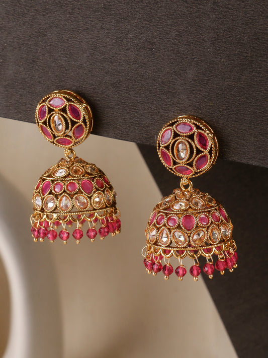 Swisni Alloy Golden Jhumki Earring Pink Beads For Women|For Girls|Gifting|Anniversary|Birthday|Girlfriend