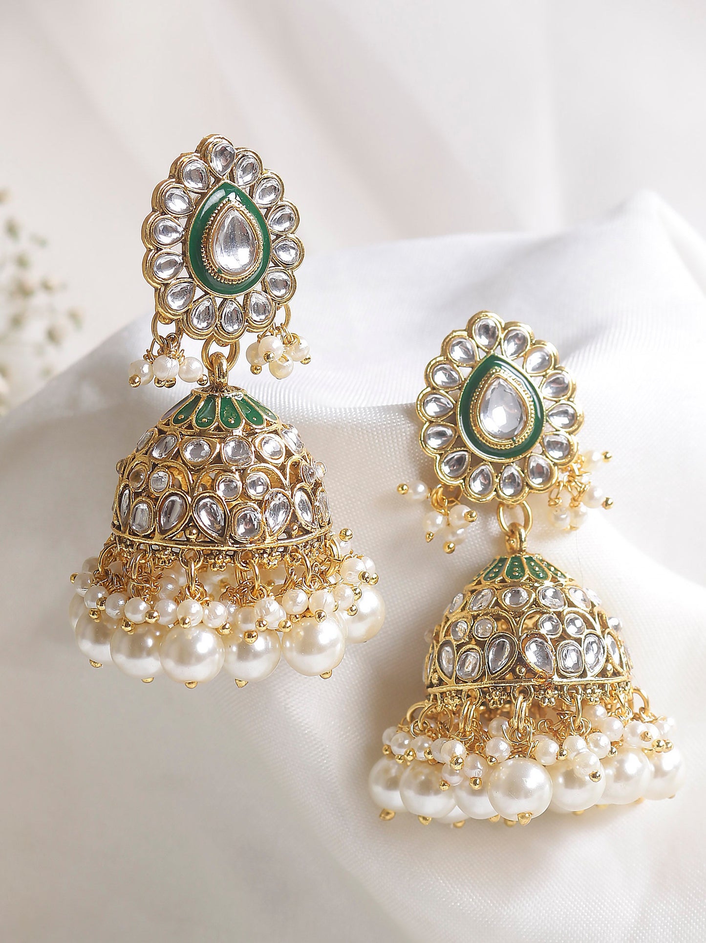 Swisni Alloy Golden Jhumki Earrings with Green N White Beads For Women|For Girls|Gifting|Anniversary|Birthday|Girlfriend