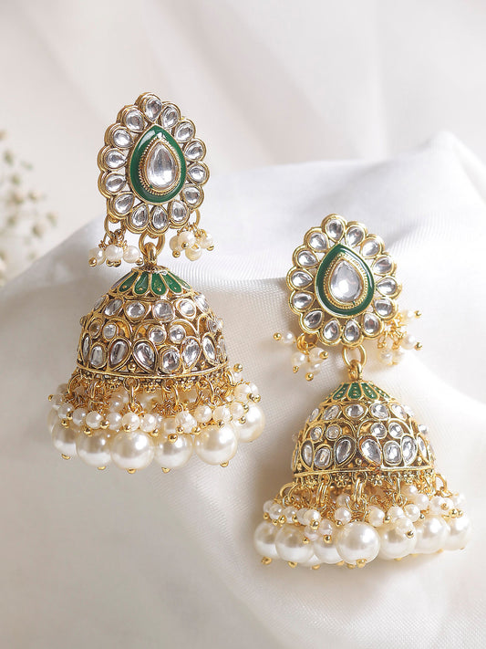 Swisni Alloy Golden Jhumki Earrings with Green N White Beads For Women|For Girls|Gifting|Anniversary|Birthday|Girlfriend