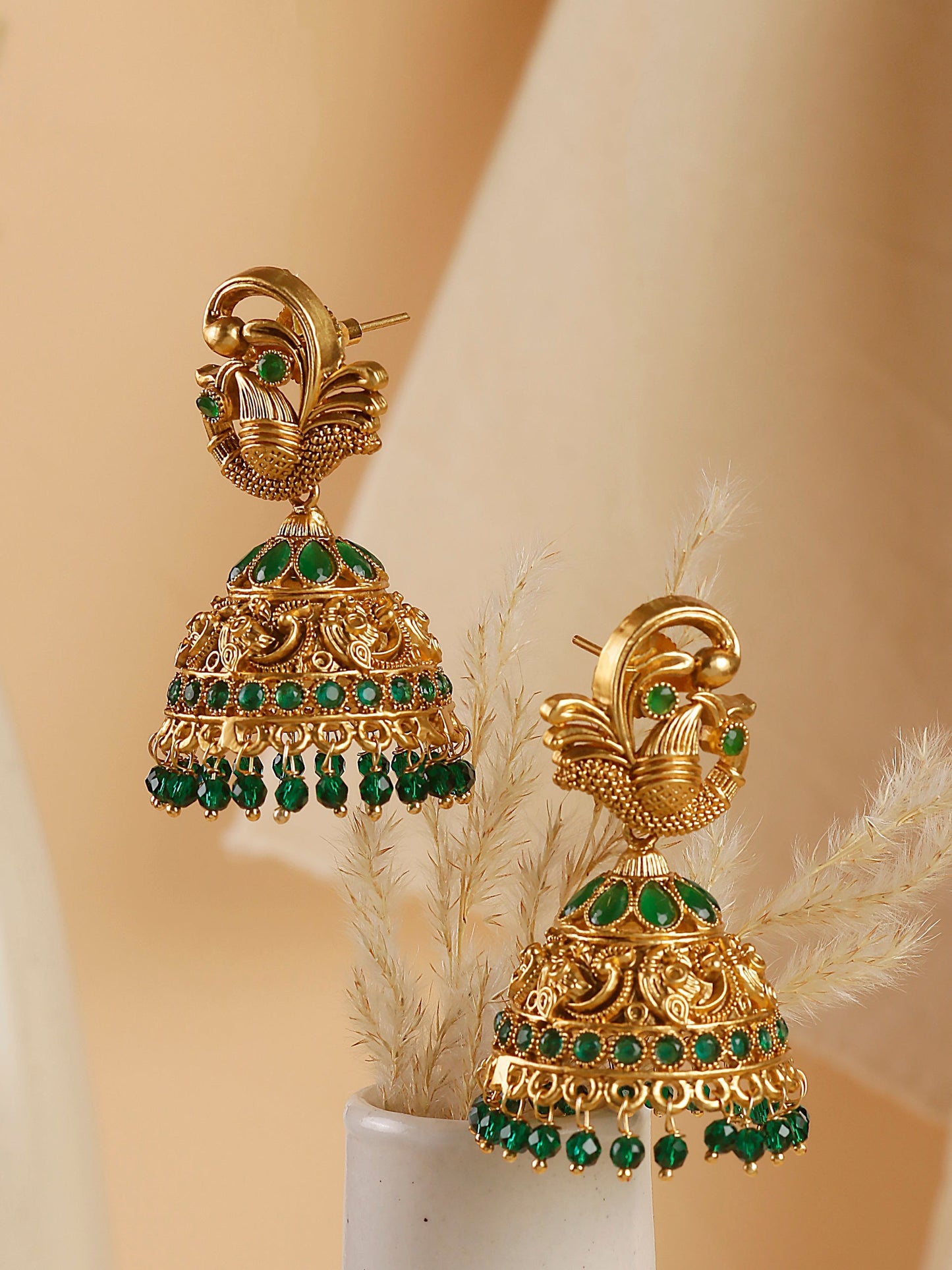 Swisni Alloy Golden Jhumki Earrings with Green Beads For Women|For Girls|Gifting|Anniversary|Birthday|Girlfriend