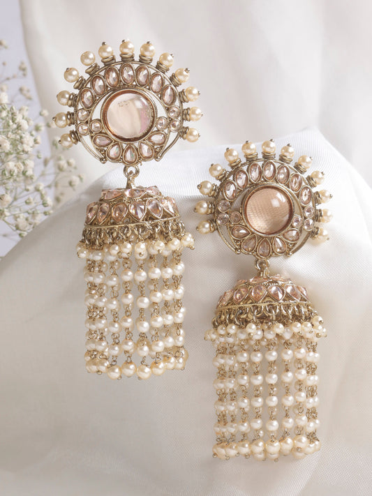 Swisni Alloy Golden Jhumki Earrings with White Beads For Women|For Girls|Gifting|Anniversary|Birthday|Girlfriend