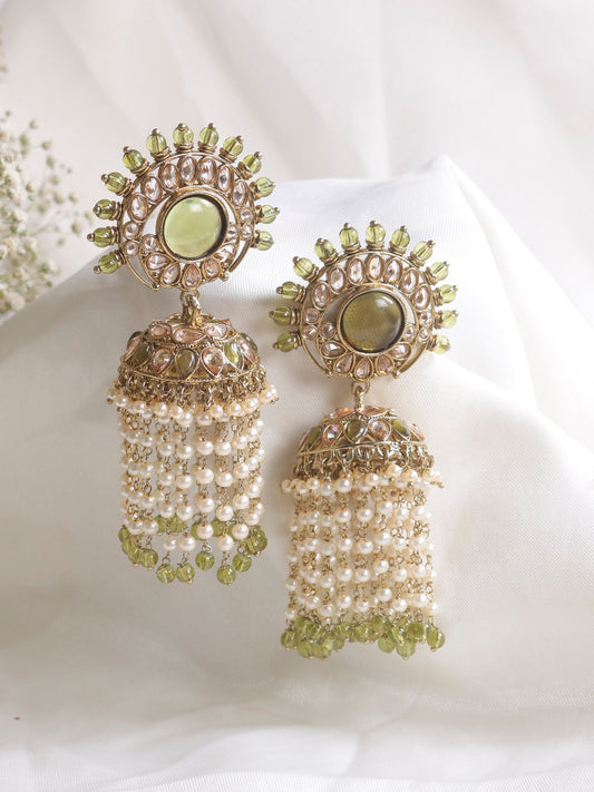 Swisni Alloy Golden Jhumki Earrings with Green Beads For Women|For Girls|Gifting|Anniversary|Birthday|Girlfriend