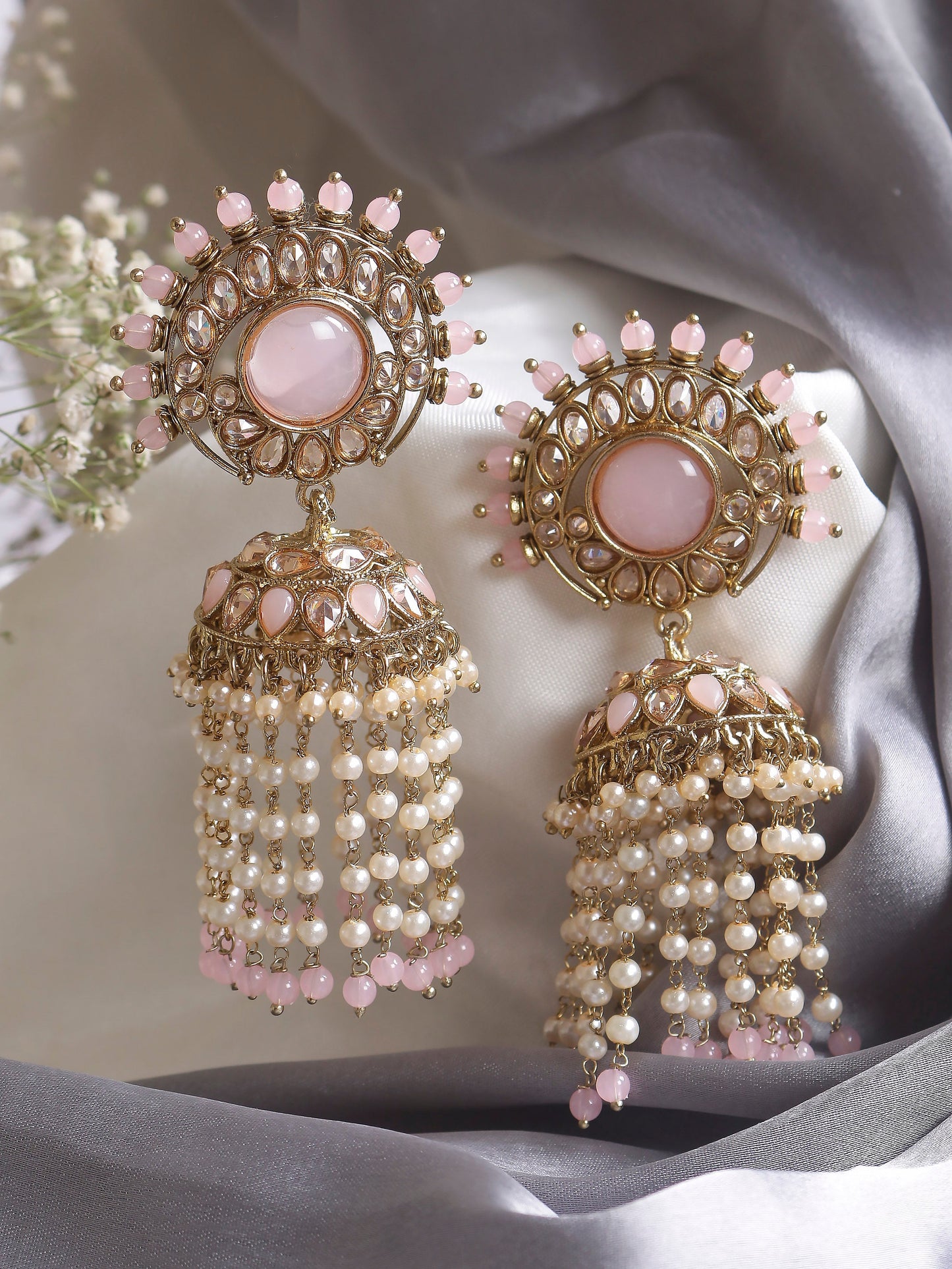 Swisni Alloy Golden Jhumki Earrings with Light Pink N White Beads For Women|For Girls|Gifting|Anniversary|Birthday|Girlfriend