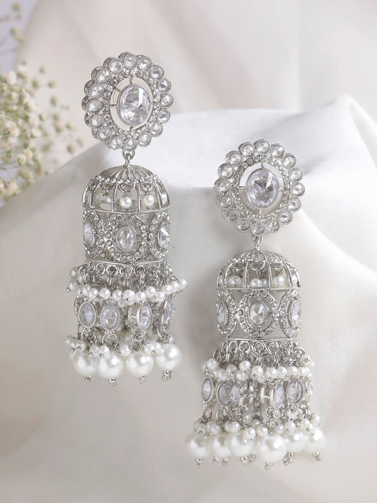 Swisni Alloy Silver Jhumki Earrings with White Beads For Women|For Girls|Gifting|Anniversary|Birthday|Girlfriend