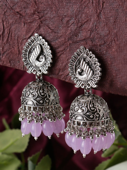 Swisni Alloy Silver Jhumki Earrings with Light Pink Beads For Women|For Girls|Gifting|Anniversary|Birthday|Girlfriend