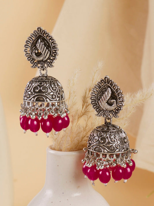 Swisni Alloy Silver Jhumki Earrings with Red Beads For Women|For Girls|Gifting|Anniversary|Birthday|Girlfriend