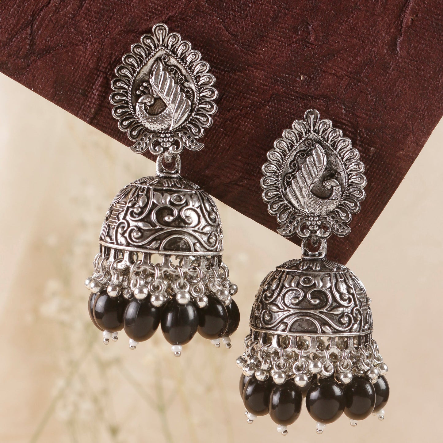 Swisni Alloy Silver Jhumki Earrings with Black Beads For Women|For Girls|Gifting|Anniversary|Birthday|Girlfriend