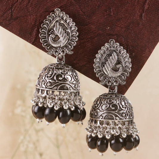 Swisni Alloy Silver Jhumki Earrings with Black Beads For Women|For Girls|Gifting|Anniversary|Birthday|Girlfriend