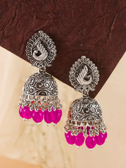 Swisni Alloy Silver Jhumki Earrings with Pink Beads For Women|For Girls|Gifting|Anniversary|Birthday|Girlfriend