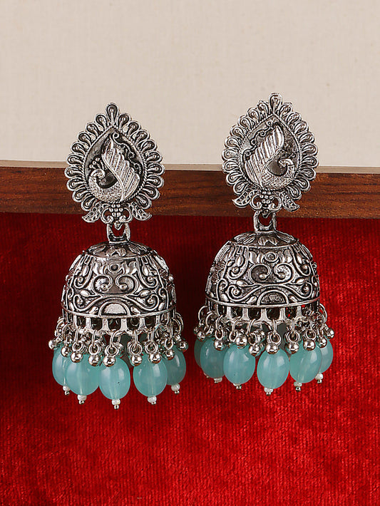 Swisni Alloy Silver Jhumki Earrings with Sky Blue Beads For Women|For Girls|Gifting|Anniversary|Birthday|Girlfriend