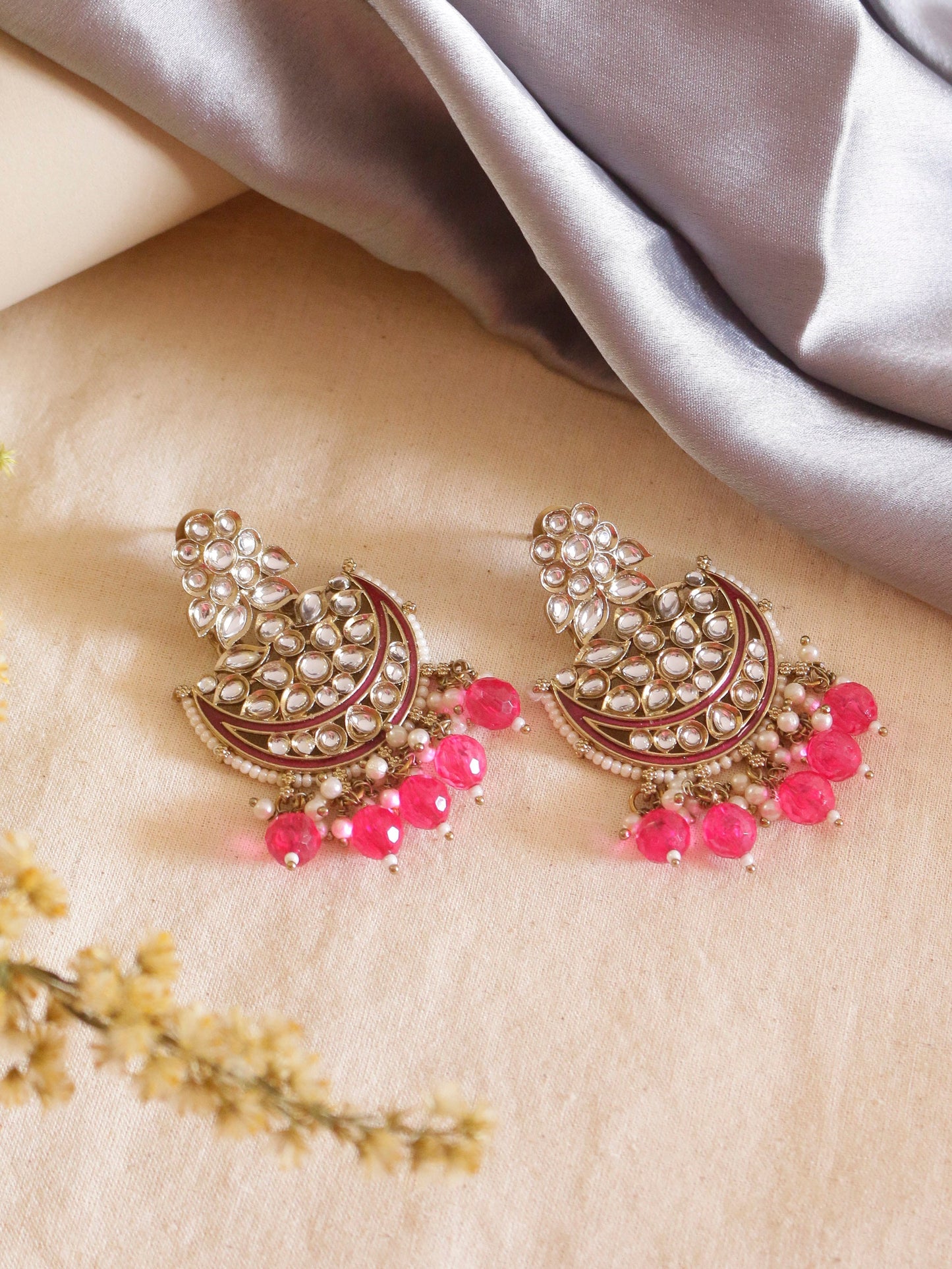 Swisni Alloy Golden Earrings with Maroon N Pink Beads For Women|For Girls|Gifting|Anniversary|Birthday|Girlfriend
