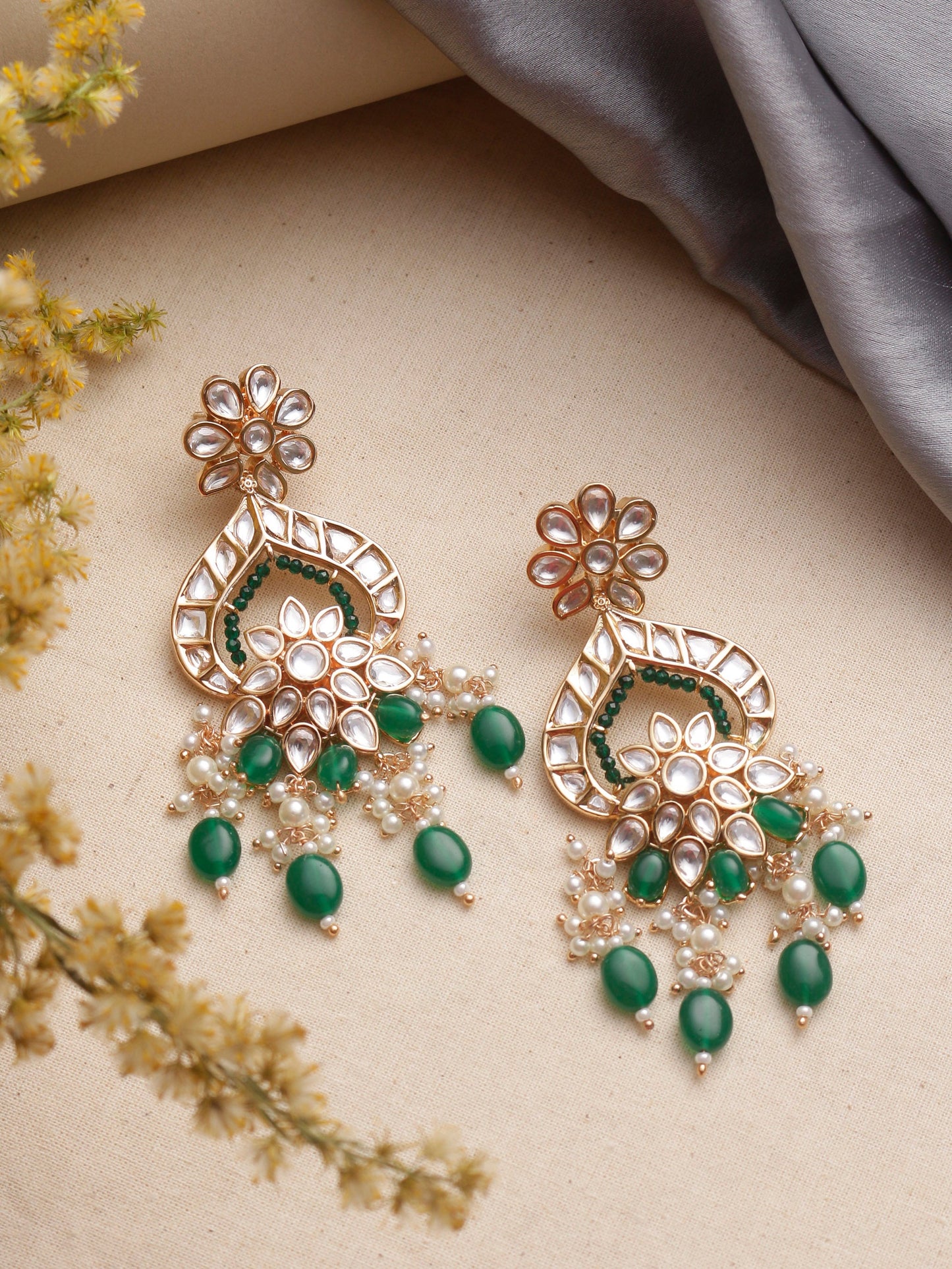 Swisni Alloy Golden Earrings with Green & White Beads For Women|For Girls|Gifting|Anniversary|Birthday|Girlfriend