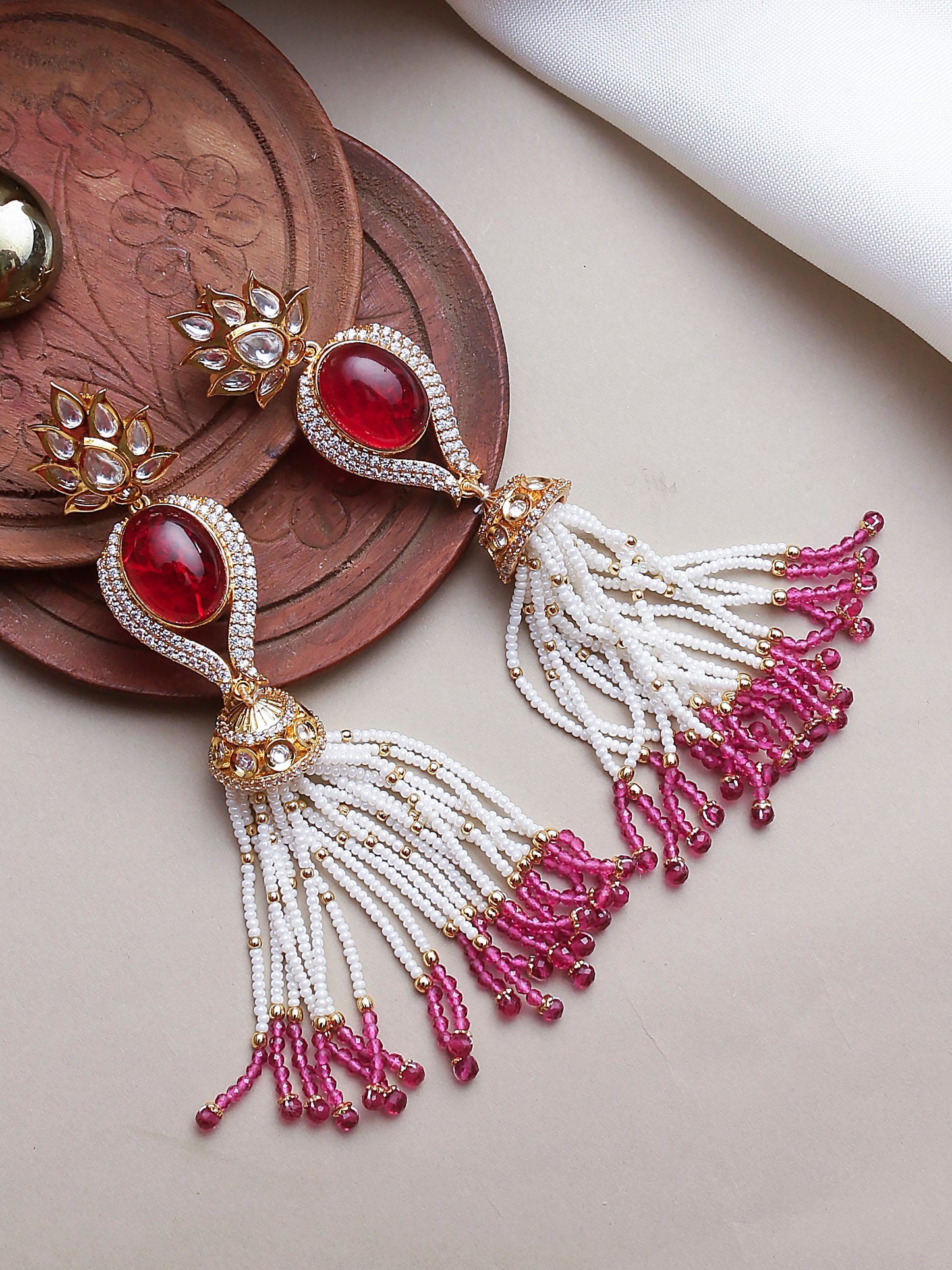 Swisni Alloy Golden Jhumki Earrings with White N Pink Beads For Women|For Girls|Gifting|Anniversary|Birthday|Girlfriend