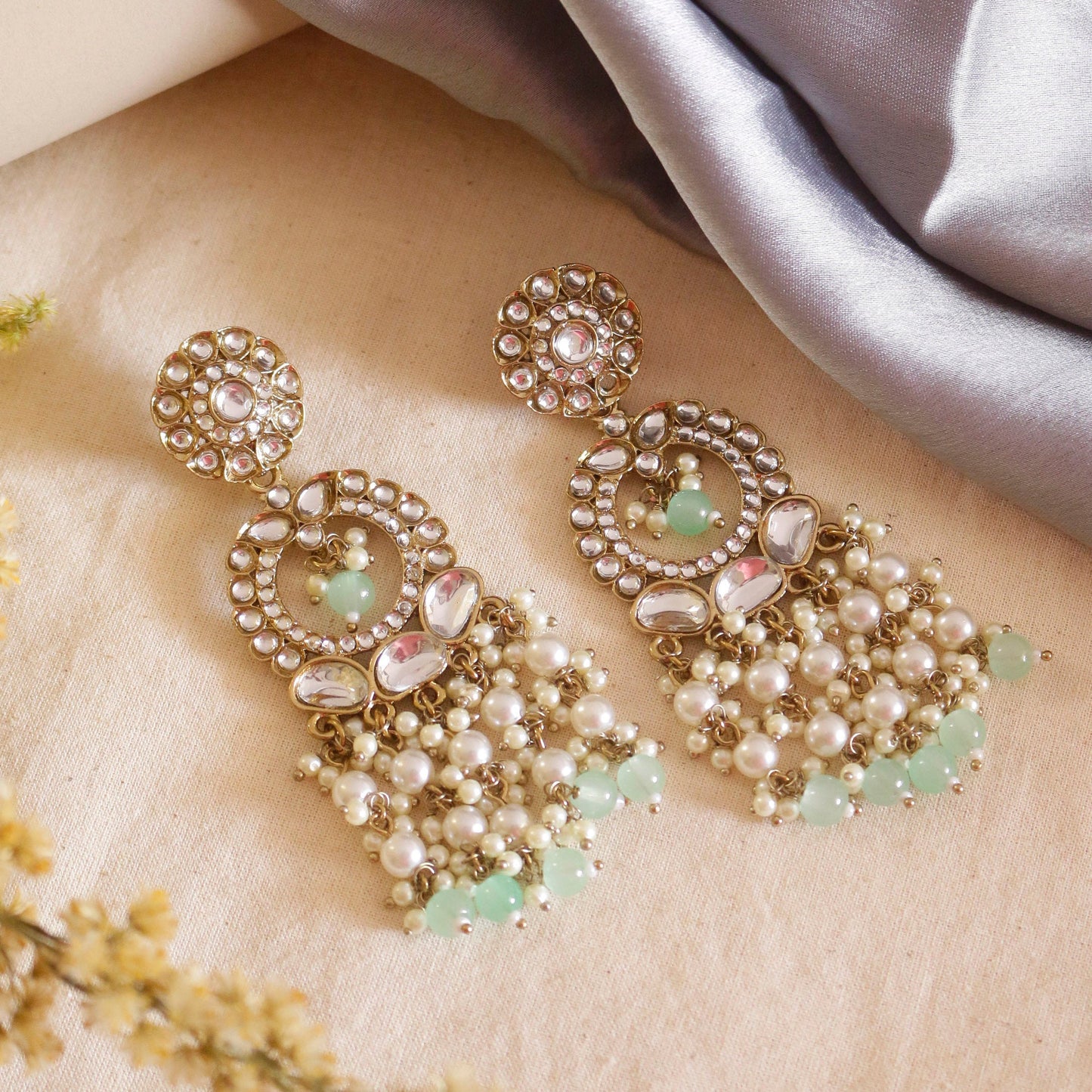 Swisni Alloy Golden Earrings with White & Light Green Beads For Women|For Girls|Gifting|Anniversary|Birthday|Girlfriend