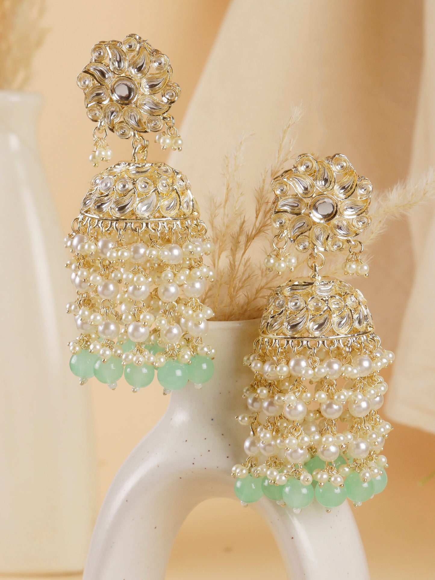 Swisni Alloy Golden Jhumki Earrings with Lime Green N White Beads For Women|For Girls|Gifting|Anniversary|Birthday|Girlfriend