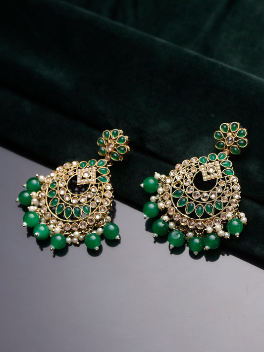 Swisni Alloy Golden Earrings with Green Beads For Women|For Girls|Gifting|Anniversary|Birthday|Girlfriend