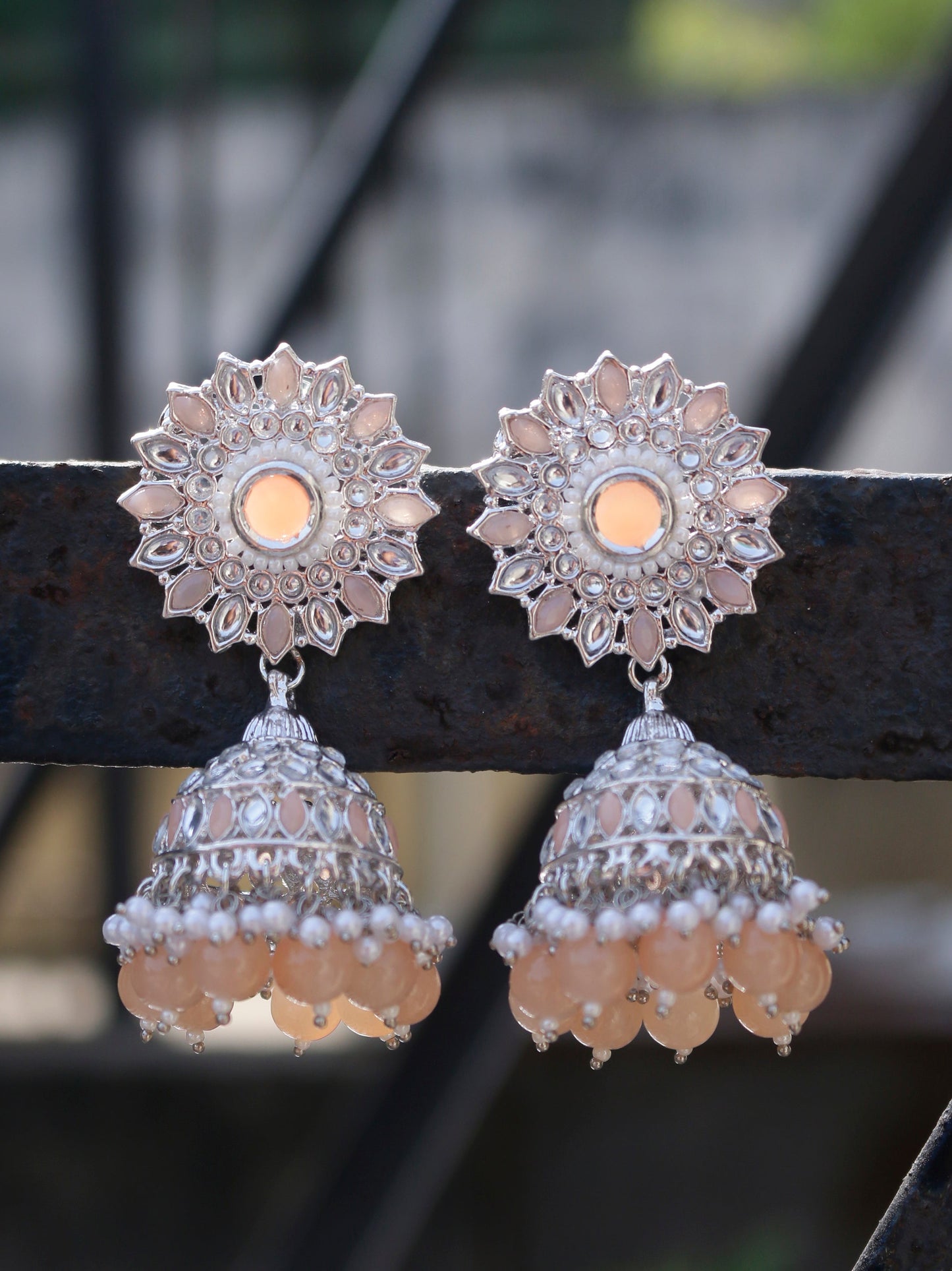 Swisni Alloy Silver Jhumki Earrings with Peach Beads For Women|For Girls|Gifting|Anniversary|Birthday|Girlfriend