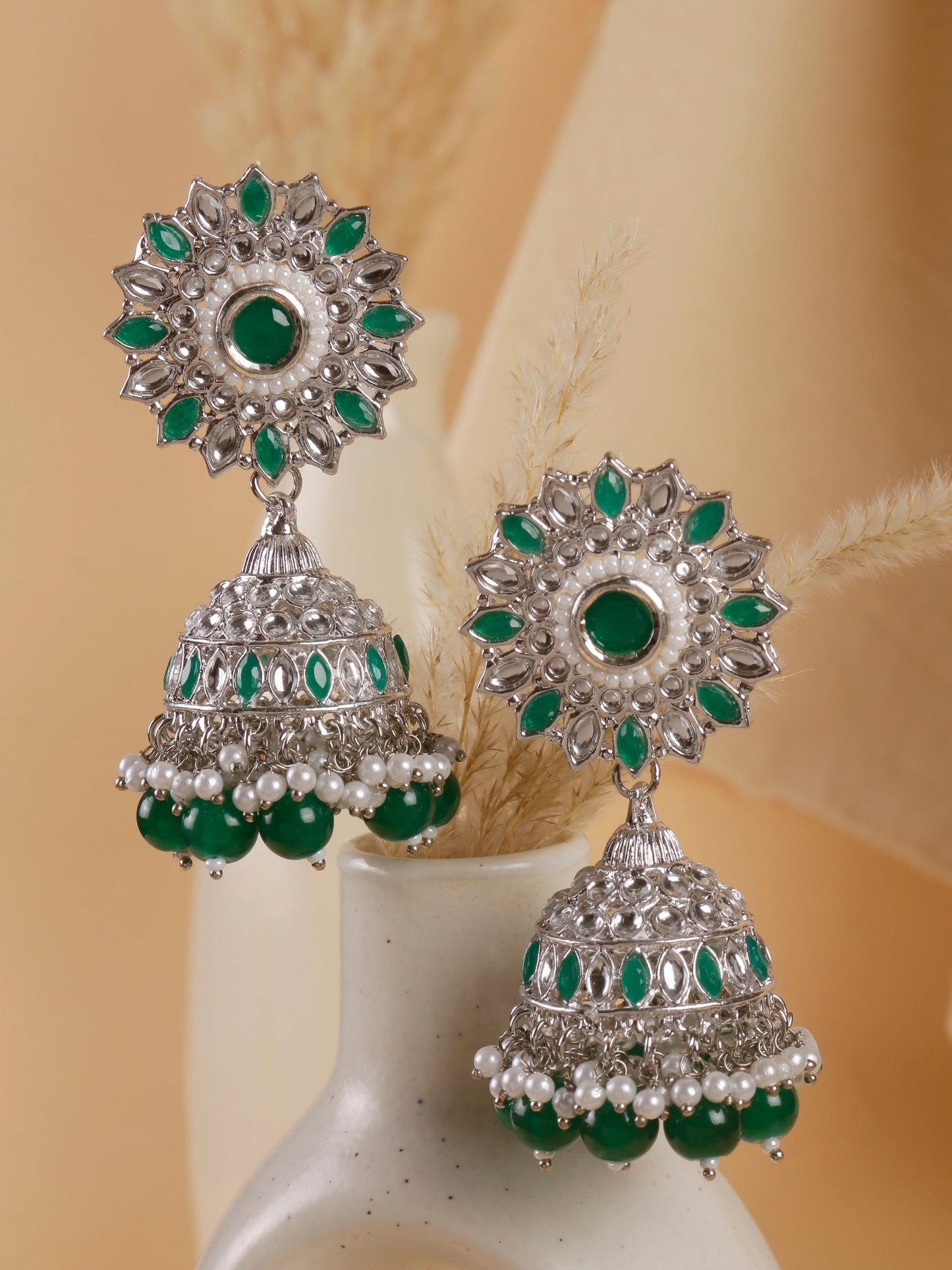 Swisni Alloy Silver Jhumki Earrings with White Beads For Women|For Girls|Gifting|Anniversary|Birthday|Girlfriend