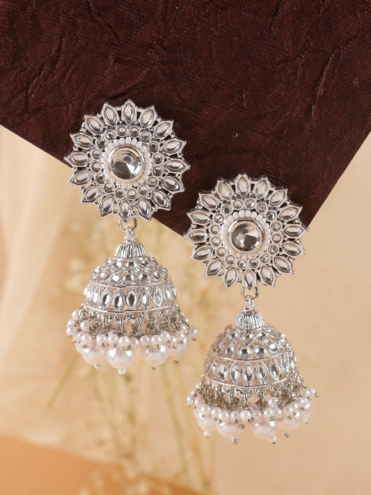 Swisni Alloy Silver Jhumki Earrings with White Beads For Women|For Girls|Gifting|Anniversary|Birthday|Girlfriend