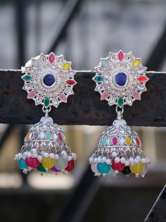 Swisni Alloy Silver Jhumki Earrings with Multi Beads For Women|For Girls|Gifting|Anniversary|Birthday|Girlfriend