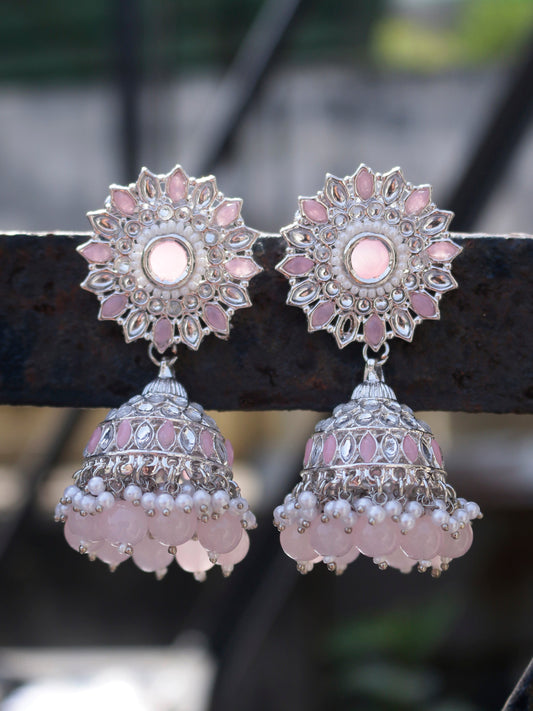 Swisni Alloy Silver Jhumki Earrings with Light Pink & White Beads For Women|For Girls|Gifting|Anniversary|Birthday|Girlfriend