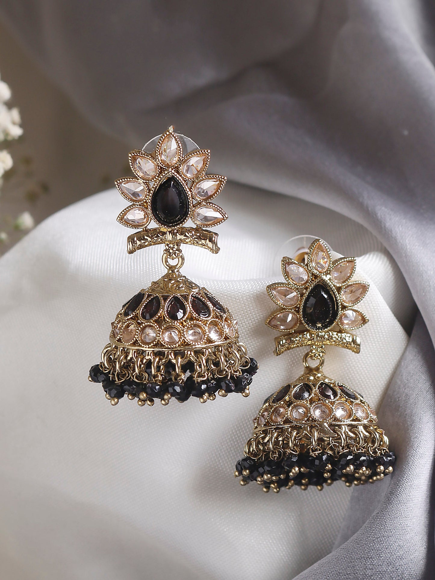 Swisni Alloy Jhumkas Black And Cz Stone With Beads Hangings For Women|For Girls|Gifting|Anniversary|Birthday|Girlfriend