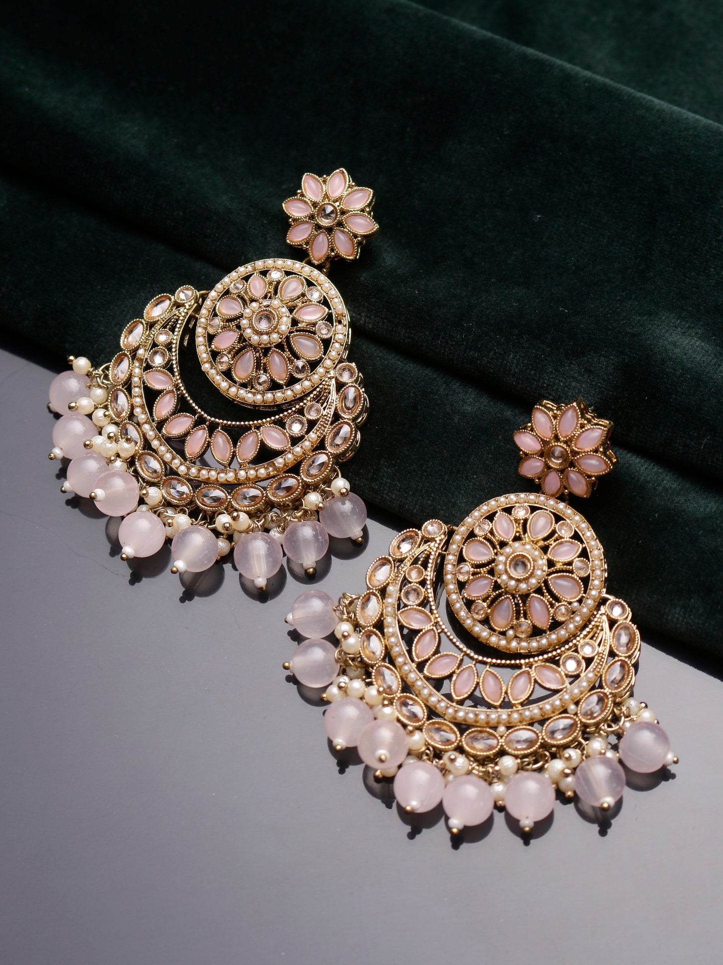 Swisni Alloy Golden Earrings with Light Pink Beads For Women|For Girls|Gifting|Anniversary|Birthday|Girlfriend