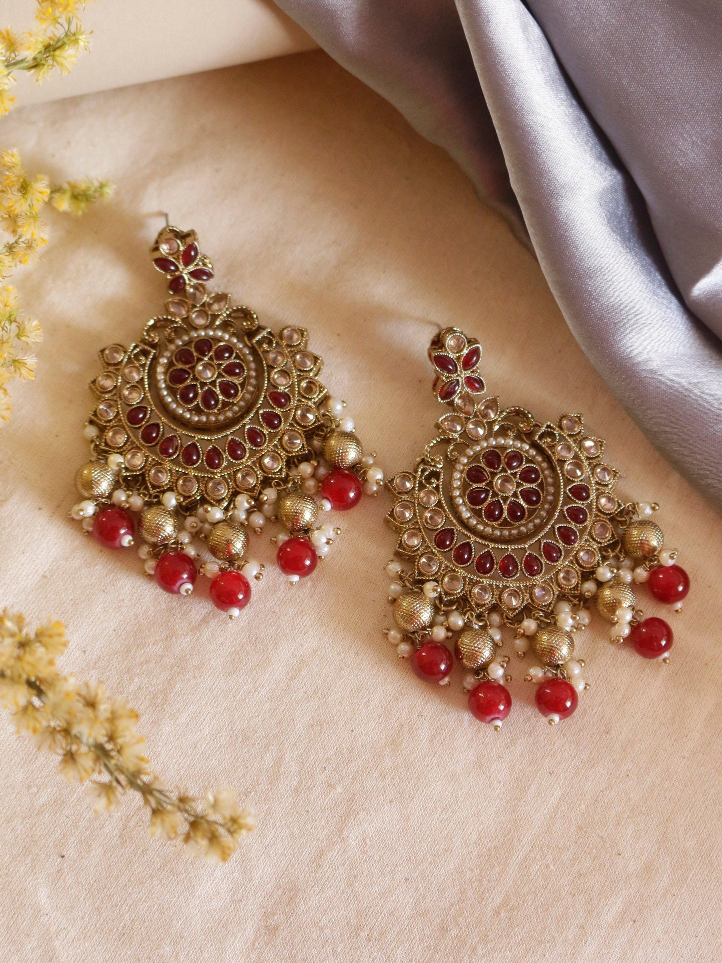 Swisni Alloy Golden Earrings with Red Beads For Women|For Girls|Gifting|Anniversary|Birthday|Girlfriend