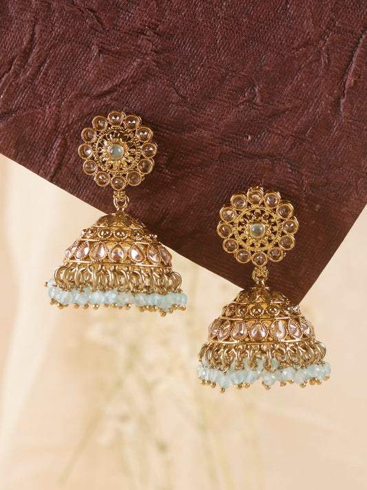 Swisni Alloy Golden Jhumki Earrings with Mint Beads For Women|For Girls|Gifting|Anniversary|Birthday|Girlfriend