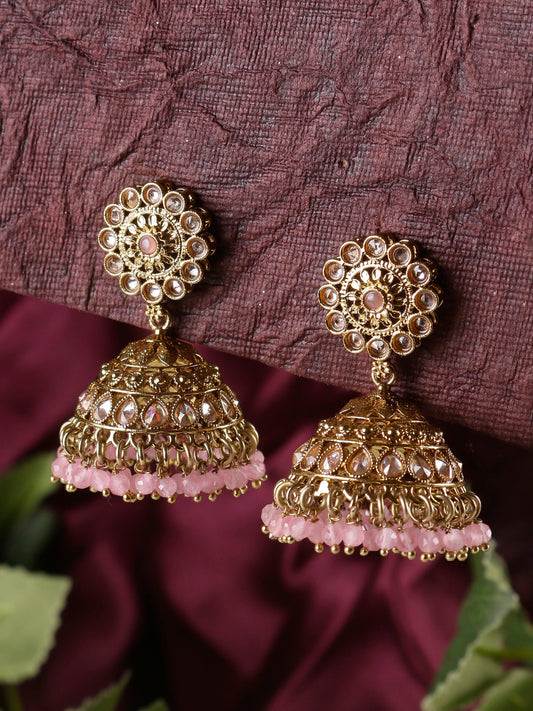 Swisni Alloy Golden Jhumki Earrings with Light Pink Beads For Women|For Girls|Gifting|Anniversary|Birthday|Girlfriend