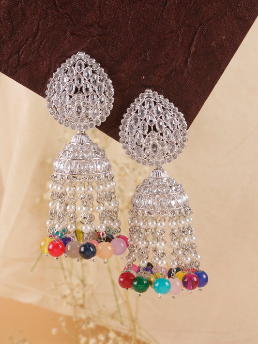 Swisni Alloy Silver Jhumki Earrings with Multi Beads For Women|For Girls|Gifting|Anniversary|Birthday|Girlfriend