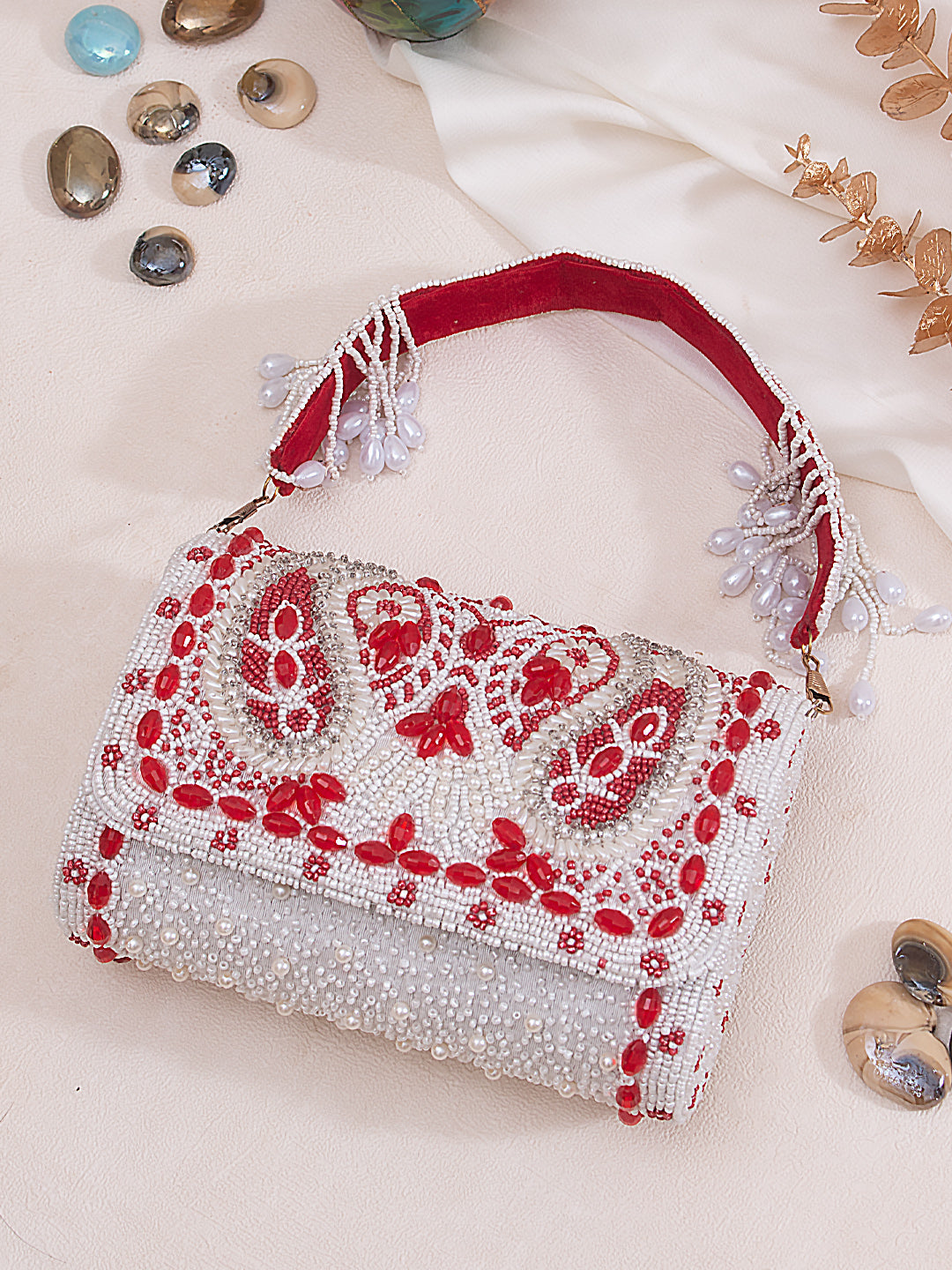 Swisni red & white tone embroidered flap clutch