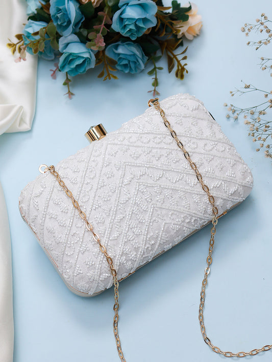 swisni embroidered white clutch